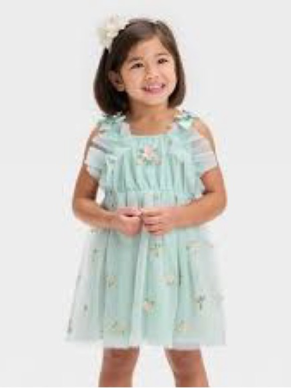 Girls' Mint Floral Tulle Party Dress with Embroidered Flowers